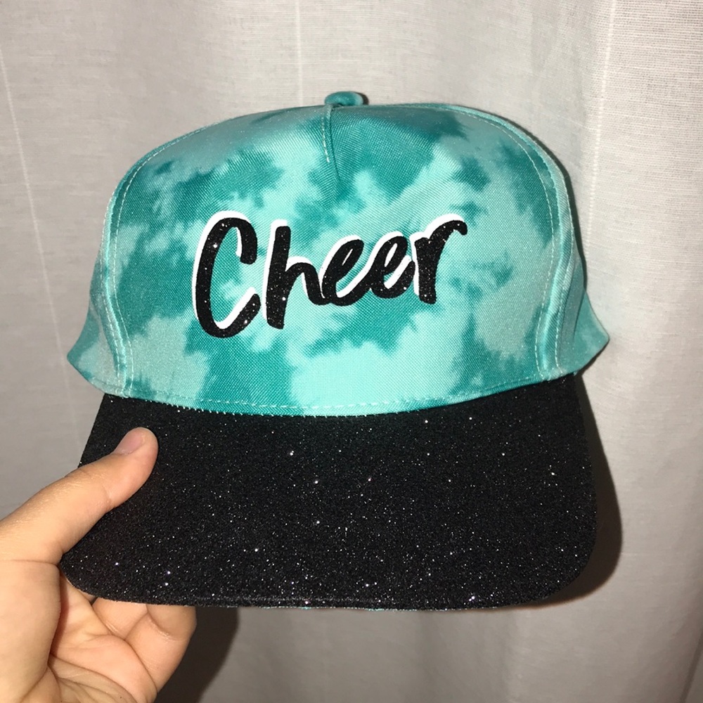 Blue and sparkly black justice cheer hat